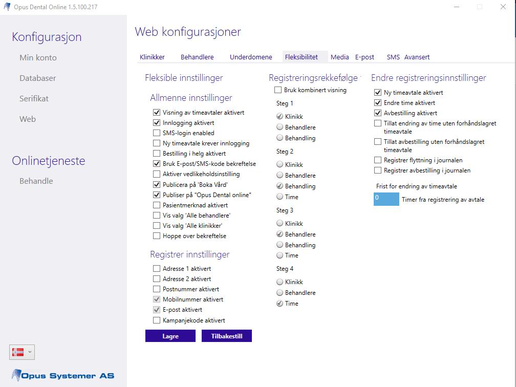 Konfigurasjon Web > Fleksibilitet Klikk på fanen Fleksibilitet for generelle innstillinger på e-timeboken.