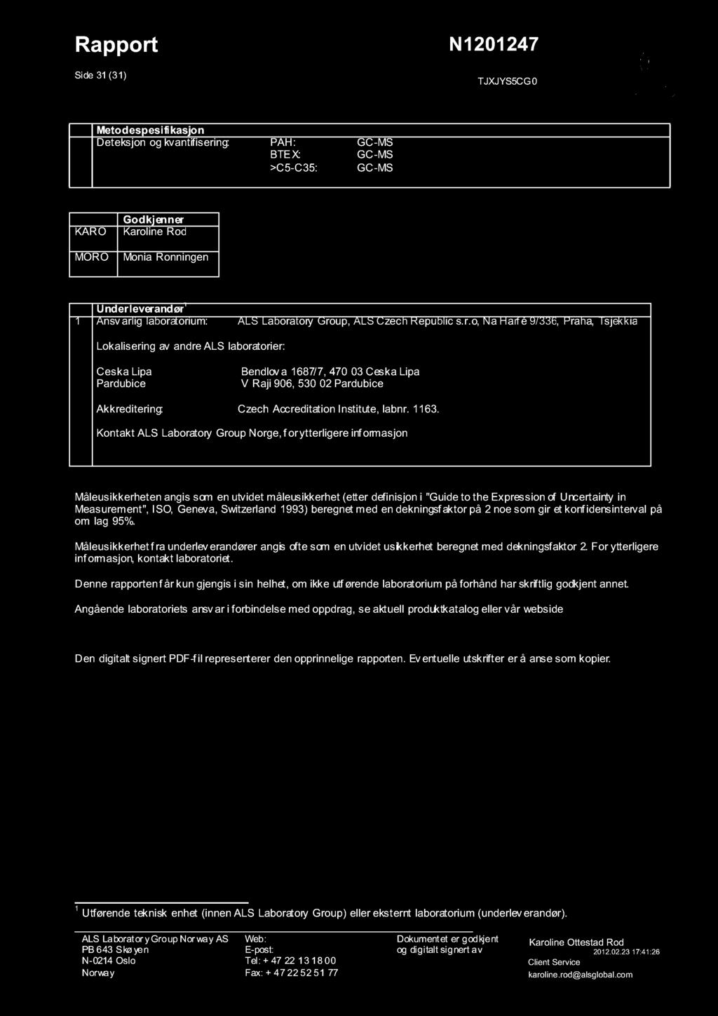 Rapport Side 31 (31) N1 201 247 TJXJYS5CG0 Metodespesifikasjon Deteksjon ogkvantifisering: PAH: GC - MS BTE X: GC-MS >C5-C35: GC-MS KARO MORO Godkjenner Karoline Rod Monia Ronningen Underleverandør 1