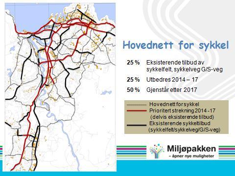 Drift/vedlikehold hovednett sykkel + punktutbedringer Et viktig grep for å få flere til å sykle er at innsatsen på drift- og vedlikeholdet på hovednettet blir vesentlig øket sammenliknet med i dag.