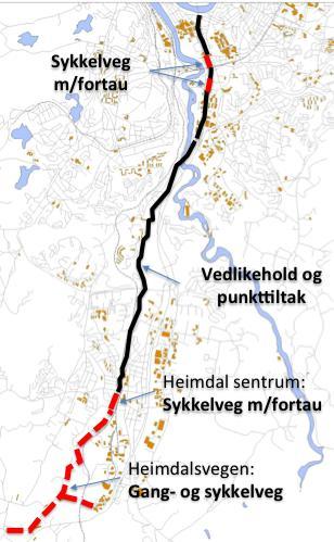 Heimdalsruta (Rute Sør) Kart Gang- og sykkelveg fra Heimdal ned til Klett sluttfinansieres i planperioden. Dette er en del av en regional hovedrute fra Heimdal og sørover til Melhus/Buvika.