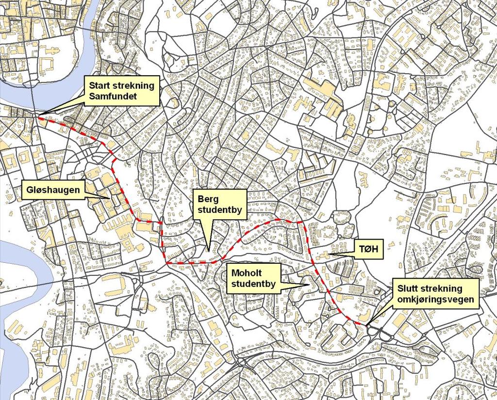 Framkommelighetstiltak for bussrute 5 (Samfundet Moholt) Kart Rute 5 er den mest trafikkerte bussruta i Trondheim, og strekningen Studentersamfundet Moholt utgjør en delstrekning på denne pendelruten.