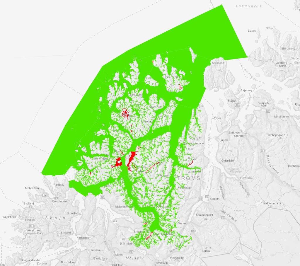 Figur 3.9b Kart over vannområdet Balsfjord-Karlsøy med risikostatus for vannforekomstene.