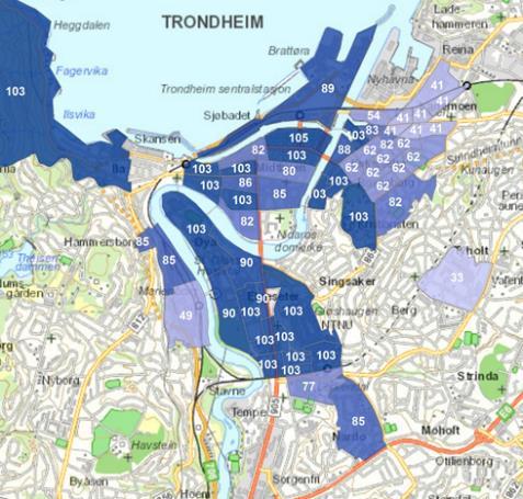 Figur 3-11: Illustrasjon av hvordan avgiftene på offentlige parkeringsplasser varierer i Trondheim, for fritidsreiser 25 til venstre, og arbeidsreiser 26 til høyre (slik det er kodet i