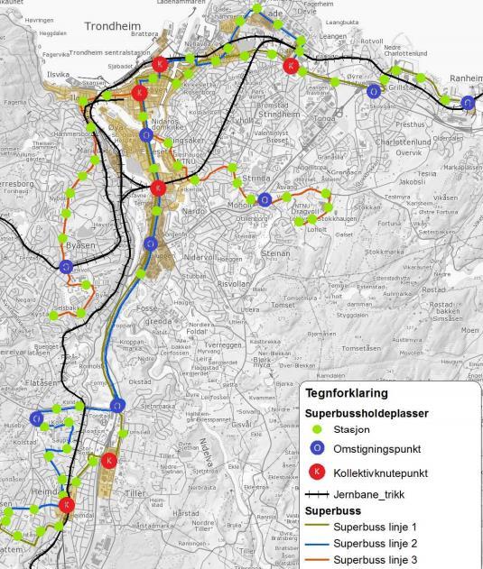 28. Figur 3-14: Stasjoner, omstigningspunkt og knutepunkt i ny rutestruktur I forbindelse med ny rutestruktur for metrobuss i Trondheim er det definerte seks nye kollektivknutepunkt.