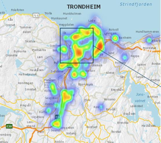 35 Figur 3-20: Tetthet av vareleveranser i Trondheim Det fremgår at tettheten av vare-leveranser er stor i områder som Midtbyen, St.