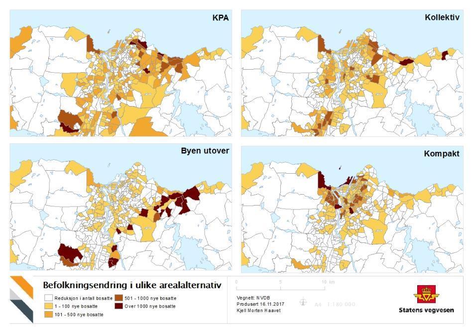 53 Figur 5-2: Befolkningsendring (netto) i forhold til Nåsituasjonen 2016 for ulike arealbruksscenarier Alders og kjønnsfordeling holdes likt i alle arealalternativ.