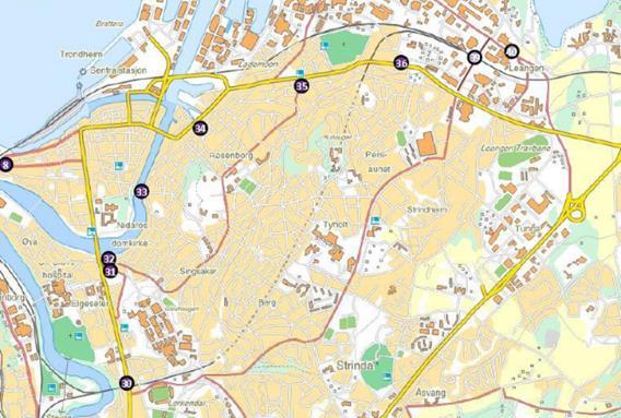 Figur 5-4: Aktuelle vurderte bomstasjoner i Trondheim sentrum Det er lagt til grunn delvis bompengefinansiering av E6-utbyggingen