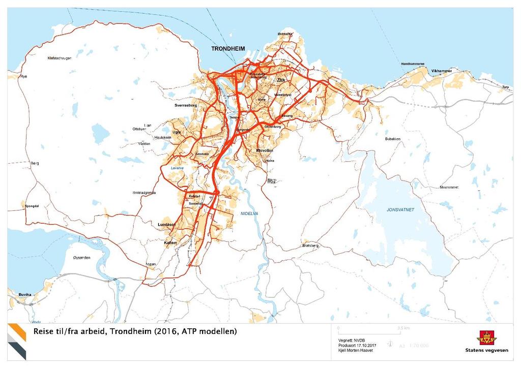 94 Figur 6-21: Kartet viser trafikkstrømmer mellom bosted og arbeidsplass i Trondheim I tillegg er ATP-modellen brukt for å beregne reisetidsforholdet mellom buss og bil fra ulike boligområder til