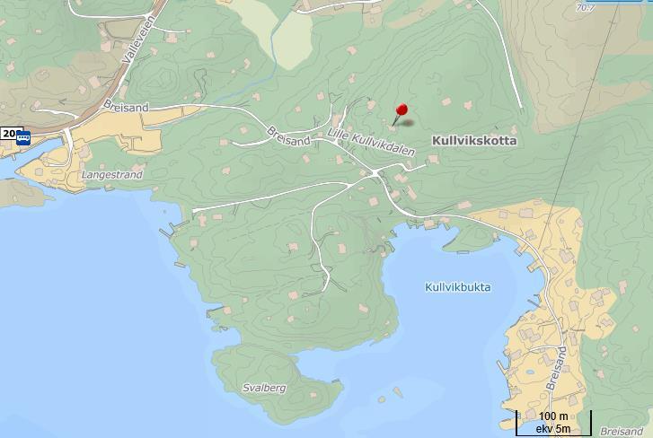 Planområdet ligger ved Valle og Breisand. Figur 3 Planområdets beliggenhet i kommunen 100 m strandsone grense Figur 4 utsnitt av området rød strek = strandsone 3.