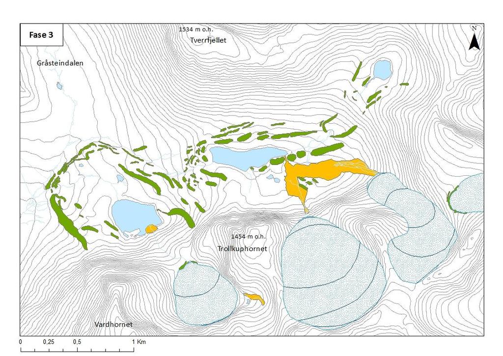 Figur 6.4: Tentativ rekonstruksjon for botnbreene under den lille istid. Breene er isolerte botnbreer, men det er kun funnet endemorene i Trollkupa.