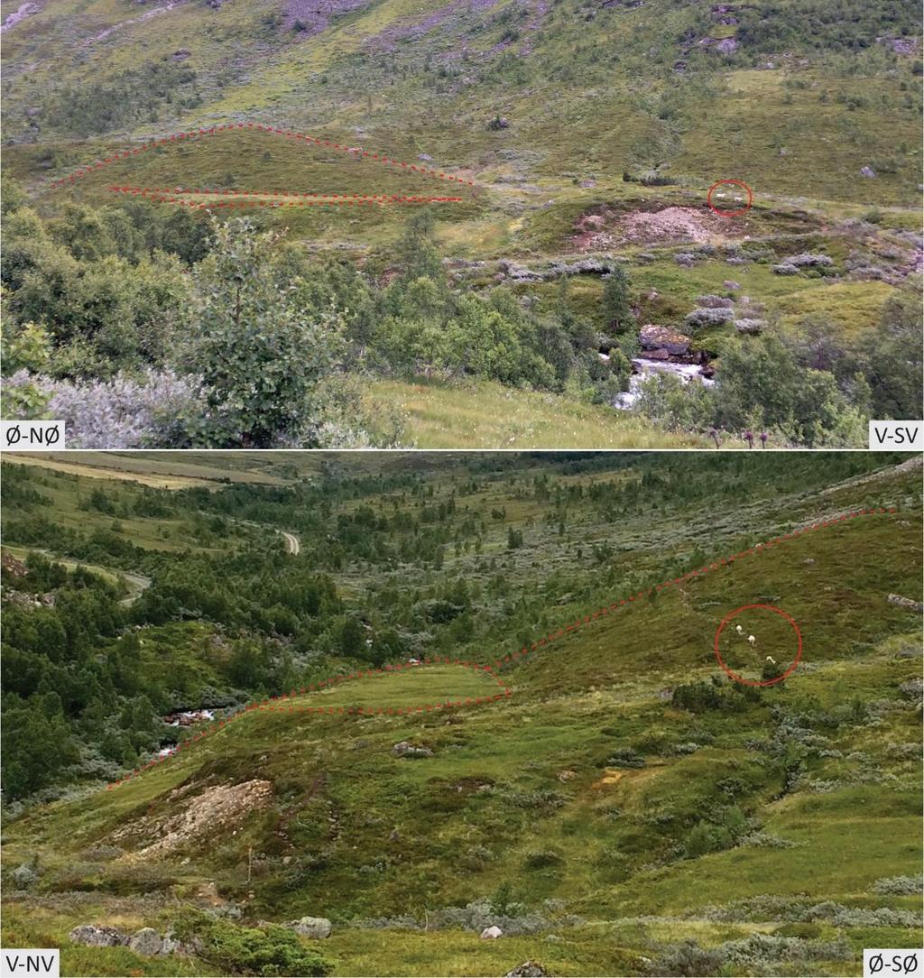 Figur 4.6: A: Sidemorene L2 sett fra nordsiden av elva. Terrassen, som består av morenemateriale og er en erosjonsform, ligger i samme høyde som den delvis eksponerte moreneryggen til høyre på bildet.