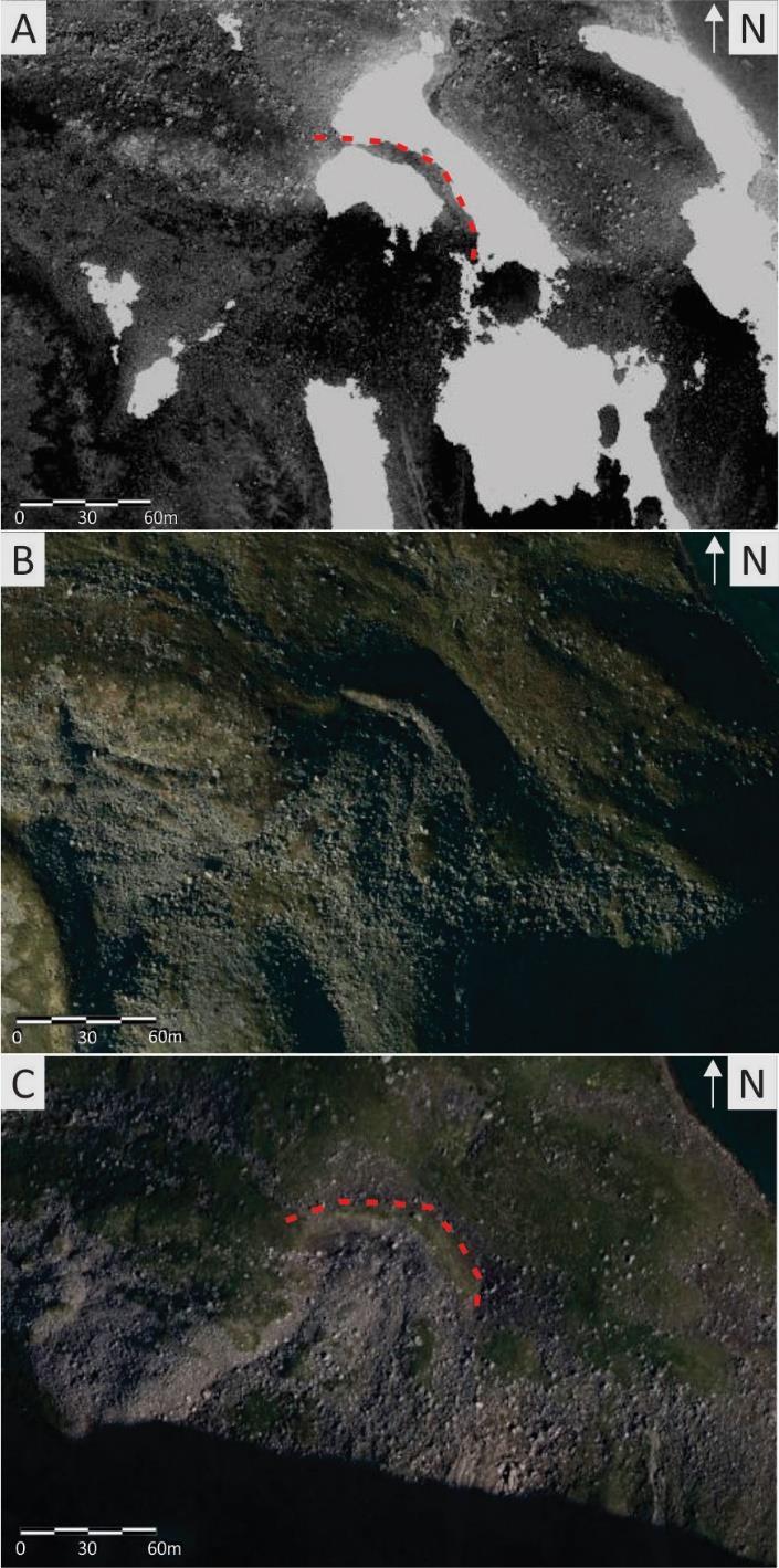 I skyggen nede på bildet skuler deg seg to gjel som tilfører skredmateriale. Flyfoto fra Norgeibilder (2017). Figur 4.15: Til høyre: Pronivale rygger sør i Møllsvatnet.