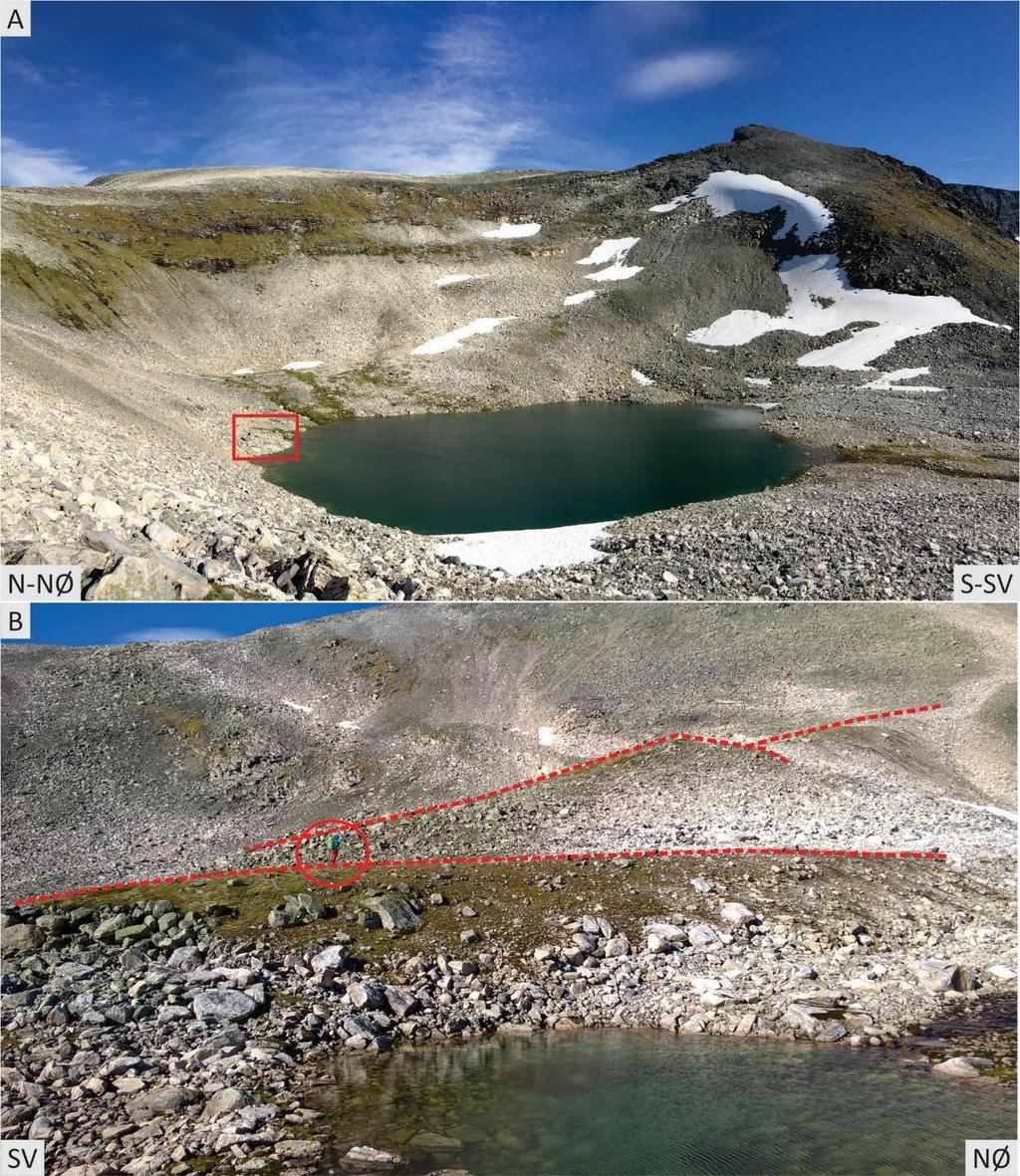 Figur 4.34: A: Sørvest-vendte Trygghola domineres av store mengder løsmasser og er en grunnere og mer åpen botn. Berg med observerte isskuringsstriper er innrammet i rødt. Foto: Karoline Næsse.