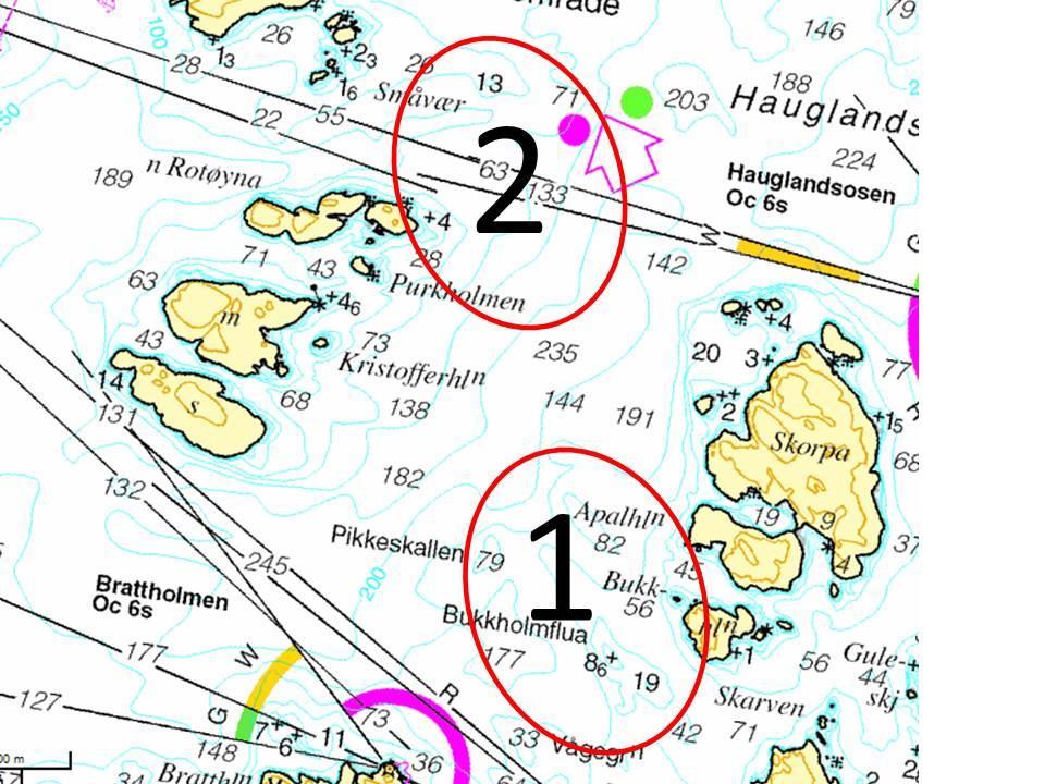 6. Baneområde Seglasane går føre seg i anten baneområde 1 (på vestsida av Bukkholm/Apalholm) eller i baneområde 2 (aust for Austre Rotøy).