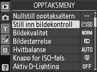 Endre bildekontroller Eksisterende forhåndsinnstilte eller egendefinerte bildekontroller kan tilpasses slik at de egner seg til motivet eller brukerens kreative intensjoner.