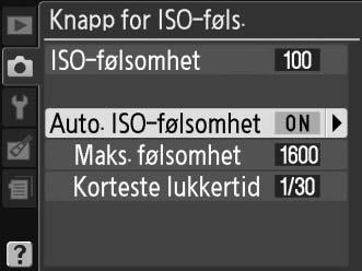 Når På er valgt, vil ISO-følsomheten automatisk bli justert hvis ikke optimal eksponering kan oppnås med den verdien som er valgt av brukeren (ISO-følsomheten justeres passende når blitsen brukes).