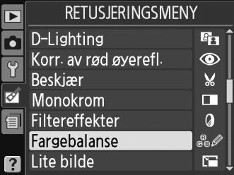 avforsinkelse. Standardverdien er 12 s. 3 Vis retusjeringsalternativene. Marker ønsket element på retusjeringsmenyen og trykk på J.