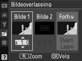 Bildeoverlapping G-knapp N Retusjeringsmenyen Bildeoverlapping kombinerer de to eksisterende NEF (RAW)-bildene for å lage et enkelt bilde som lagres atskilt fra originalene.