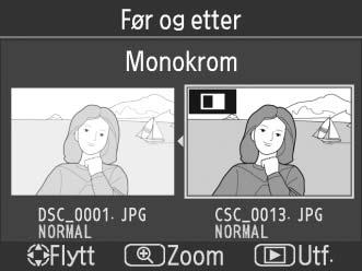 Velg en retusjert kopi (vist med et N-ikon) eller et bilde som er retusjert i avspilling på full skjerm, og trykk på J. 2 Velg Før og etter. Marker Før og etter på retusjeringsmenyen og trykk på J.