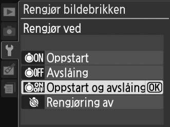 "Rengjør ved" 1 Velg Rengjør ved. Vis menyen Rengjør bildebrikken som beskrevet i trinn 2 på forrige side. Marker Rengjør ved og trykk på 2. 2 Velg et alternativ.