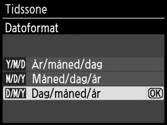 Trykk på 4 eller 2 for å markere lokal tidssone (feltet UTC viser forskjellen mellom valgt tidssone og koordinert universaltid (UTC) i timer) og trykk