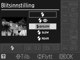 Blitsinnstilling Slik velger du en blitsfunksjon: 1 Plasser markøren i informasjonsvisningen. Hvis opptaksinformasjon ikke vises på skjermen, trykk på R-knappen.