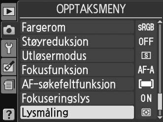 Eksponeringslås Bruk automatisk eksponeringslås for å omordne bilder etter målingseksponering: 1 Velg M Sentrumsdominert eller N Punkt måling (0 74).