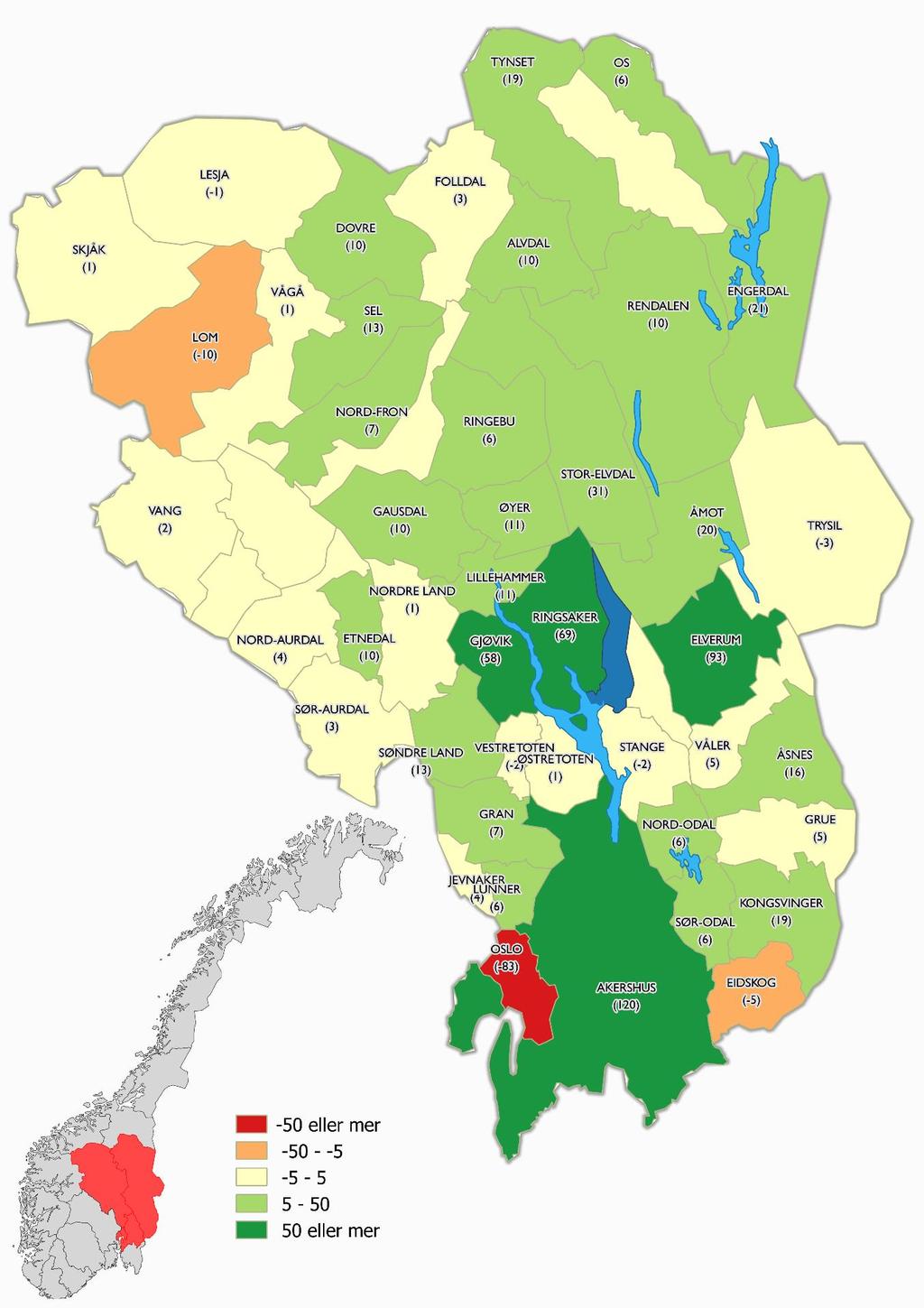 Figur 4.5 Netto innflytting til Hamar kommune fra kommuner i Hedmark og Oppland samt Oslo og Akershus, antall personer. 2014-2016.