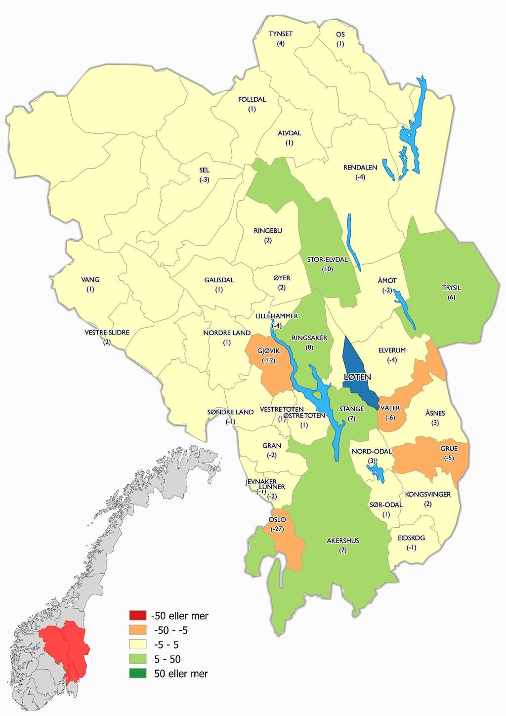 Figur 5.5 Netto innflytting til Løten kommune fra kommuner i Hedmark og Oppland samt Oslo og Akershus, antall personer. 2014-2016.