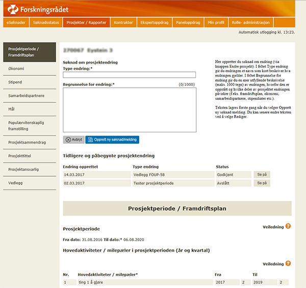 3. Opprett ny søknad/endring For å søke om prosjektendringer, må det opprettes en søknad.