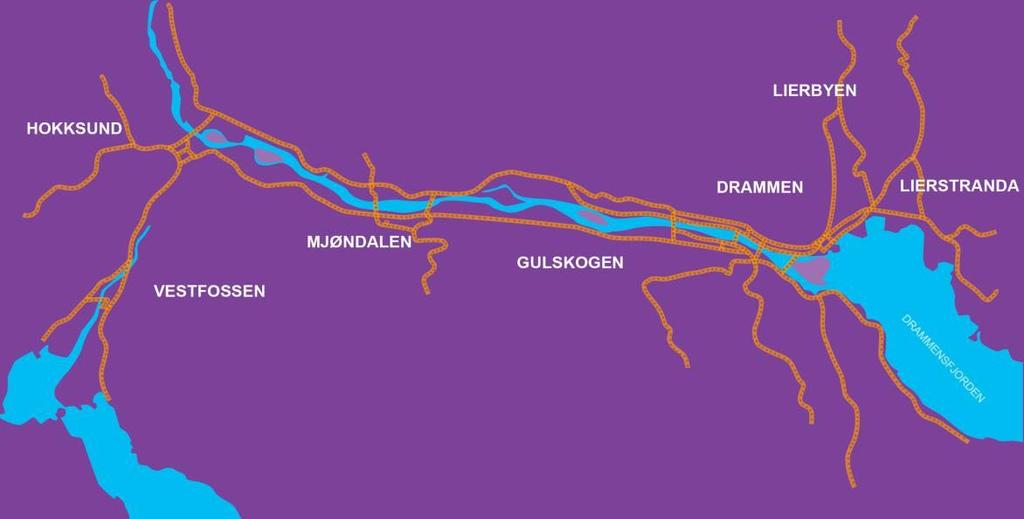 Figur 3-5 Et framtidig regionalt sykkelvegnett (vist i oransje) vil innebære sammenhengende løsninger for syklister i hele byområdet med tiltak i Lier, Drammen, Nedre Eiker og Øvre Eiker.