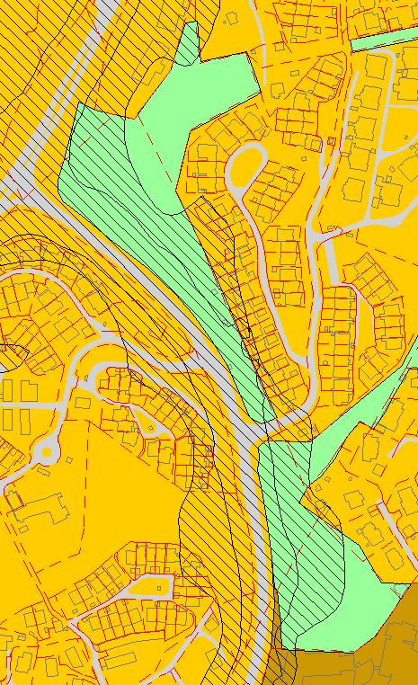 Aurdalslia (gbnr. 35/221 m.fl.) KPA: Grønnstruktur, delvis innenfor rød og gul støysone. Grøntkart: Gjennomgående grøntkorridor (~nord-sør) mot Søreide og Søvikatjørna.