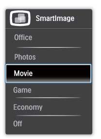 3. Bildeoptimalisering Seks moduser kan velges: Office (Kontor), Photo (Foto), Movie (Film), Game (Spill), Economy (Økonomisk) og Off (Av).