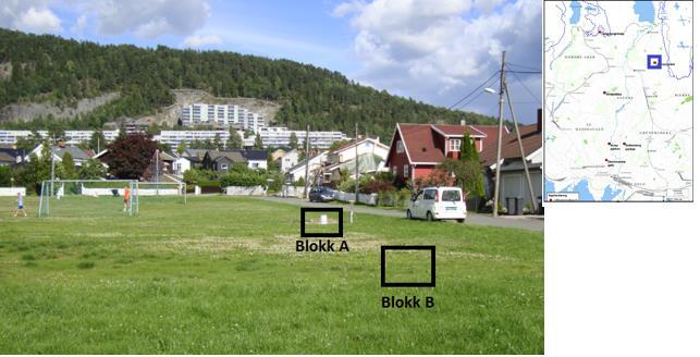 Vedlegg H Resultater fra Jupiterjordet H.1 Beskrivelse av lokalitet Forsøksfeltet på Jupiterjordet er vist i Figur H.1. 1. Figur H.1. 1: Forsøksfeltet på Jupiterjordet med blokk A og blokk B inntegnet.