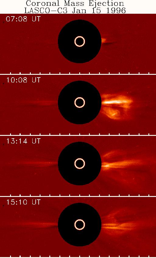 CME: Coronal Mass Ejec\on Serie av bilder med koronagrafen fra januar 1996 viser hvordan masse fylles inn i en