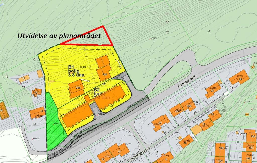 Justeringen av planavgrensningen medfører at planområdet utvides med 562 kvadratmeter, arealet er i kommuneplanens arealdel avsatt til boligbebyggelse.