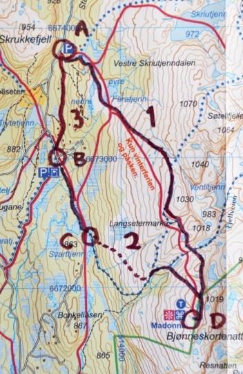 A: Utvollane parkering (øvre Madonnaparkering) B: Nedre Madonnaparkerin g 1: Øvre Madonnasti (fra Utvollane til Madonnaen) C: Svarttjenn