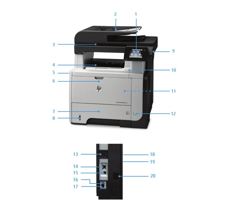 Produktomvisning HP LaserJet Pro MFP M521dw vist 1. Intuitivt kontrollpanel med 8,89 cm fargeberøringsskjerm med forretningsapper 2.