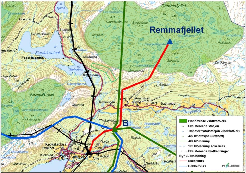 Figur 21. Remmafjellet Snillfjord B For sentralnettsalternativ A (se kart Figur 22) vil ledningen bli ca.