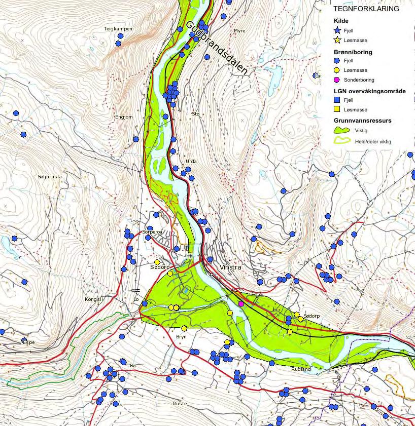 6.4.5.4 Vannressurser Det er registret en rekke brønner i planområdet, se kart Figur 85, fra NGUs nasjonale grunnvannsdatabase (GRANADA).