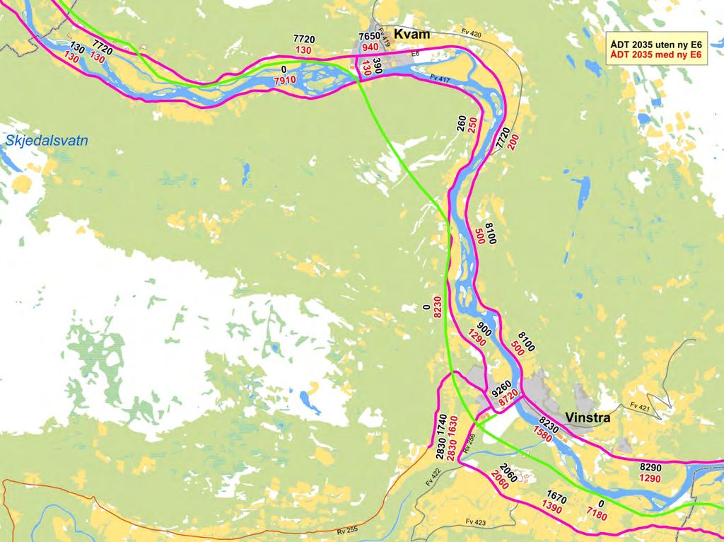 4 OVERORDNA FORUTSETNINGER 4.1 Trafikktall Det er gjennomført trafikkberegninger for E6 mellom Ringebu og Otta.