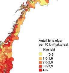 Felt dyr per 10 km 2 Tabell 2 viser at felte dyr per 10 km 2 tellende elgareal, fordelt på de enkelte vald/bestandsplanområder og også samlet for Steigen.