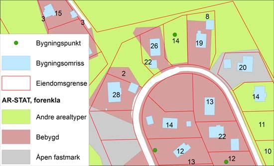 Notater 2014/28 Justert tettstedsavgrensing 3.5.1. Bebygde områder med bygninger I SSBs arealstatistikk blir bebygd areal avgrenset på grunnlag av om det finnes bygninger på et område.