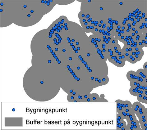 Notater 2014/28 Justert tettstedsavgrensing 4. Metode Metoden beskrives her i samme rekkefølge som prosessene gjennomføres i. 4.1. Bufring av bygninger Bufring av bygninger danner sammenheng innen tettstedene i metoden utviklet i 1999, og fortsetter å gjøre det i metoden som beskrives her.