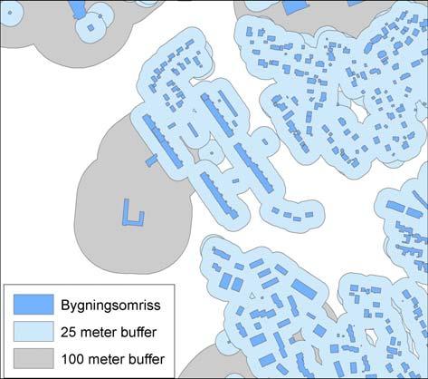 Mer arealkrevende bygningstyper, blant annet større boligbygninger som her, bufres med 100 meter.