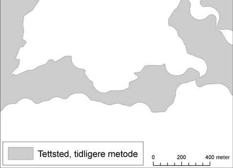 Notater 2014/28 Justert tettstedsavgrensing Figur 6. Sammenkoding av tettsteder med felles satellitt Utsnitt av tettsted som med tidligere metode ble en sammenhengende tettstedskjerne.