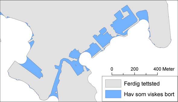 Justert tettstedsavgrensing Notater 2014/28 Figur 11. Eksempel på generalisert tettsted som klippes mot hav. Generalisert tettsted klippes mot hav.