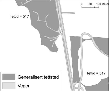 Sammenslåing av tettsteder med avstand mindre enn 100 meter Illustrasjonen viser to tettstedskjerner med tilhørende satellitter. Det er kort avstand mellom satellittene, men de er ikke sammenvokste.