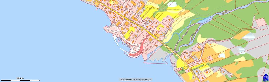 Omlegging av E6 er vist med svart stiplet linje. Planområdets vestlige del er sjøarealer. 1.