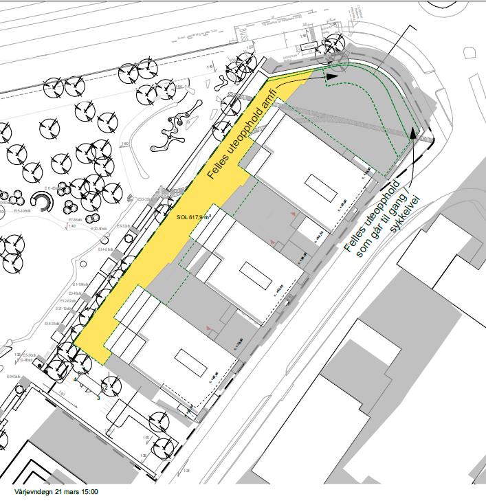 Planforslaget legger opp til et samlet uterom på ca 2180 m 2, der felles uterom med amfiet utgjør ca 1500 m 2, og 780 m 2 har akseptabel soldekning gjennom året.